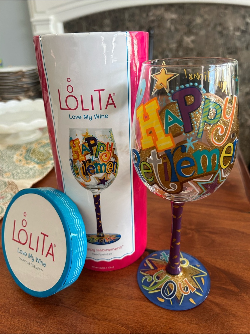 Lolita Multicolor 'Happy Retirement' Decorative Wine Glass